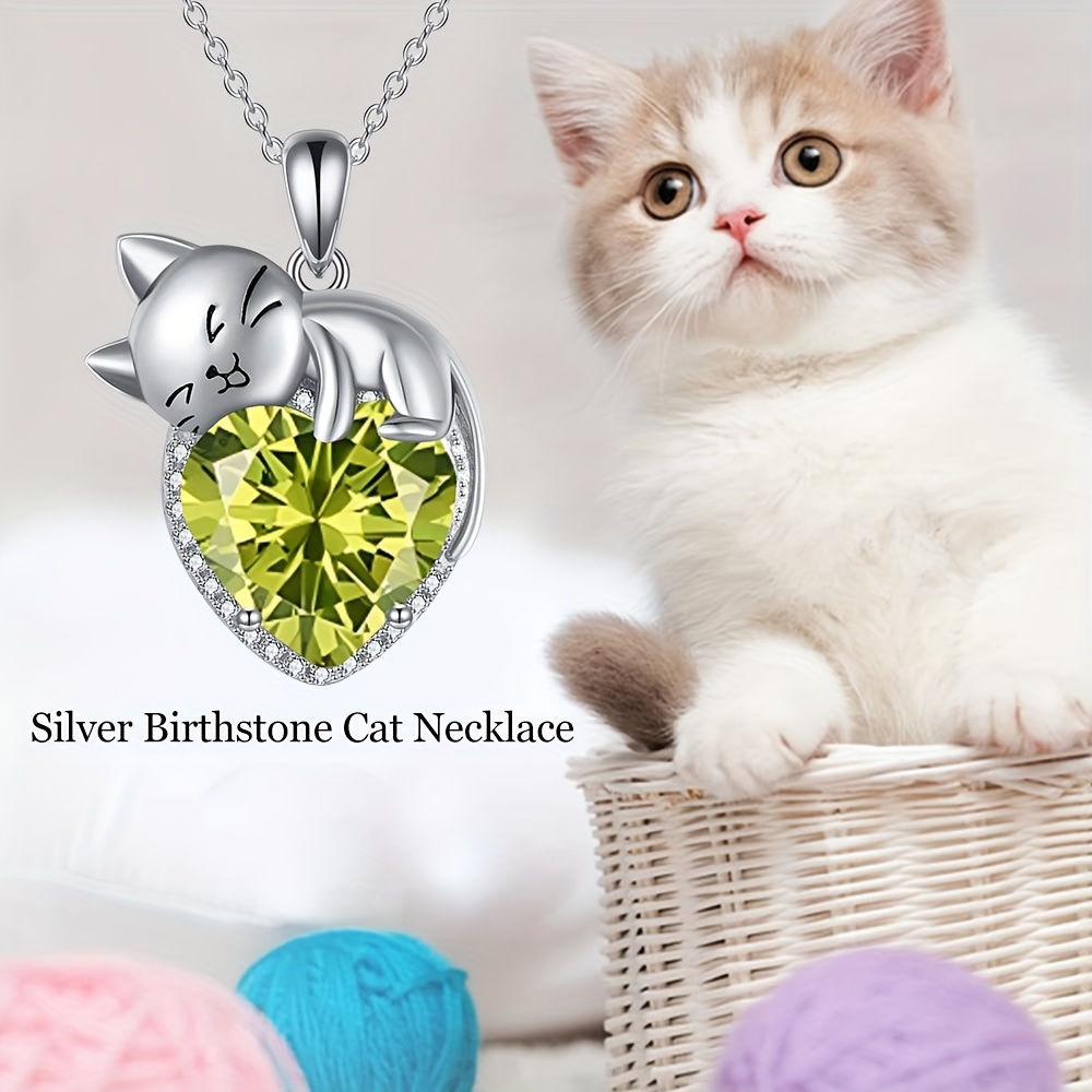 Women's Adjustable Chain Birthstone Cat Necklace with Green Crystal